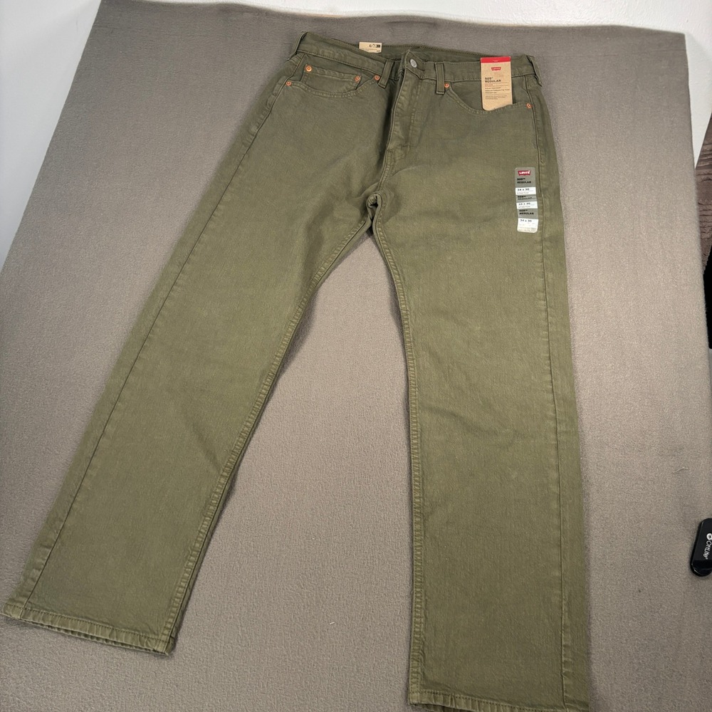Levi's 505 Regular Fit Pants Mens Size 34x30 Olive Green Stretch Straight Leg